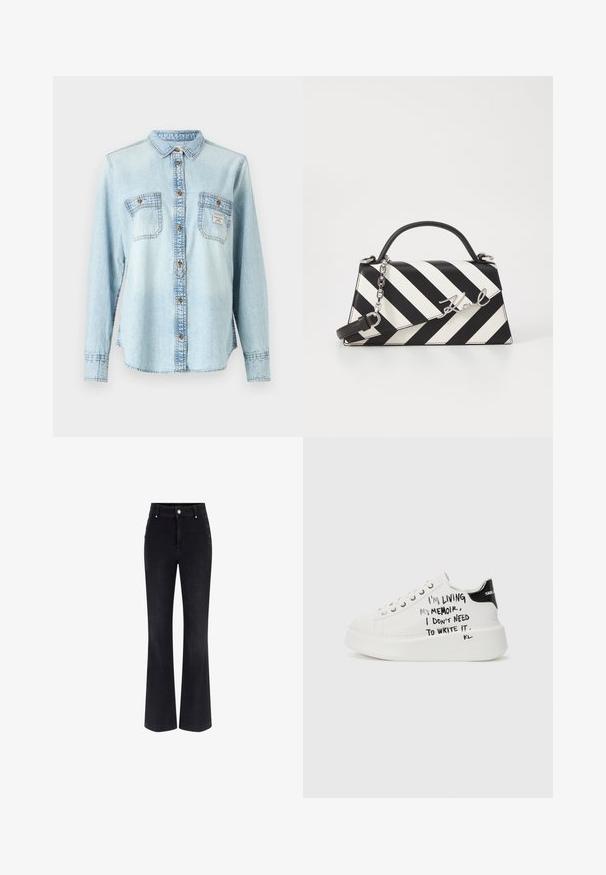 Camisa de mezclilla azul claro con mangas largas, cierre de botones en la parte delantera, dos bolsillos en el pecho y detalle de costura en contraste.; Vaqueros acampanados de mezclilla negra con cintura alta, diseño de cinco bolsillos y acentos metálicos en los lados. Textura suave y corte clásico.; Zapatillas de plataforma blancas con acentos negros, que cuentan con una suela texturizada y texto escrito a mano en los laterales. Material de cuero suave.; Bolso de mano a rayas en blanco y negro con una forma estructurada, que cuenta con un asa superior, una correa de cadena desmontable y un acento de logo metálico.