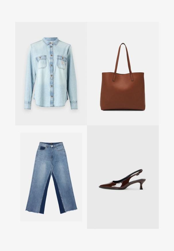 Helesin sinine denim särk pikkade varrukatega, nööpidega eest, kahe rinnataskuga ja kontrastsete õmblusdetailidega.; Heledad sinine laiemate jalgadega teksapüksid kontrastsete tumedate siniste paneelidega, lõhikud allääres ja tavaline talje metallnupuga kinnitamiseks.; Pruun patentnahast slingback tossud terava nina ja mõõduka kandega. Omab pandla rihma kindla istuvuse tagamiseks. Sile tekstuur.; Pruun nahast tote-kott, millel on sile tekstuur, avatud ülaosa disain ja kaks õlarihma. Omab minimaalset õmblust ja nähtavat riistvara ei ole.