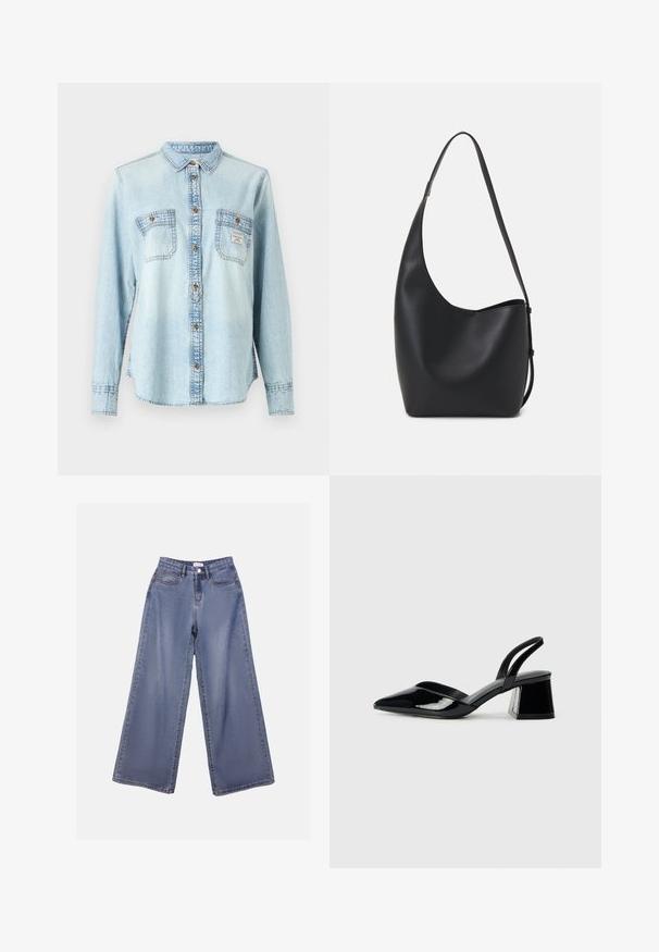 Light blue denim shirt with long sleeves, button-down front, two chest pockets, and contrasting stitching detail.; Wide-leg denim jeans in a light blue wash, featuring a high waist, front pockets, and a button closure with belt loops.; Black patent leather slingback heels with a pointed toe and a geometric block heel. Features a sleek, minimal design and smooth texture.; Black leather hobo bag with a smooth texture, curved shape, and single adjustable strap; features a wide opening at the top.