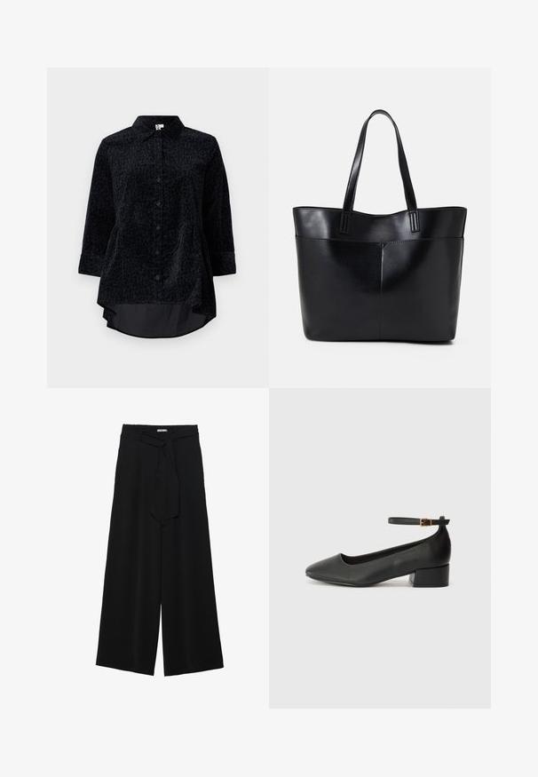 Čierna košeľa na gombíky s leopardím vzorom, vyrobená z mäkkej textúrovanej tkaniny, s zakriveným lemom a rukávmi s dĺžkou trištvrte.; Čierne široké nohavice s textúrovanou tkaninou, elastickým pásom a odnímateľným viazaním na páse pre nastaviteľné priliehanie.; Čierne kožené lodičky s špicatou špičkou a nízkym blokovým podpätkom. Obsahuje remienok okolo členka so zlatým prackou. Hladký povrch.; Čierna kožená tote taška s dvoma dlhými rúčkami, hladkým povrchom a štruktúrovaným tvarom. Obsahuje prednú kapsu pre dodatočné uskladnenie.