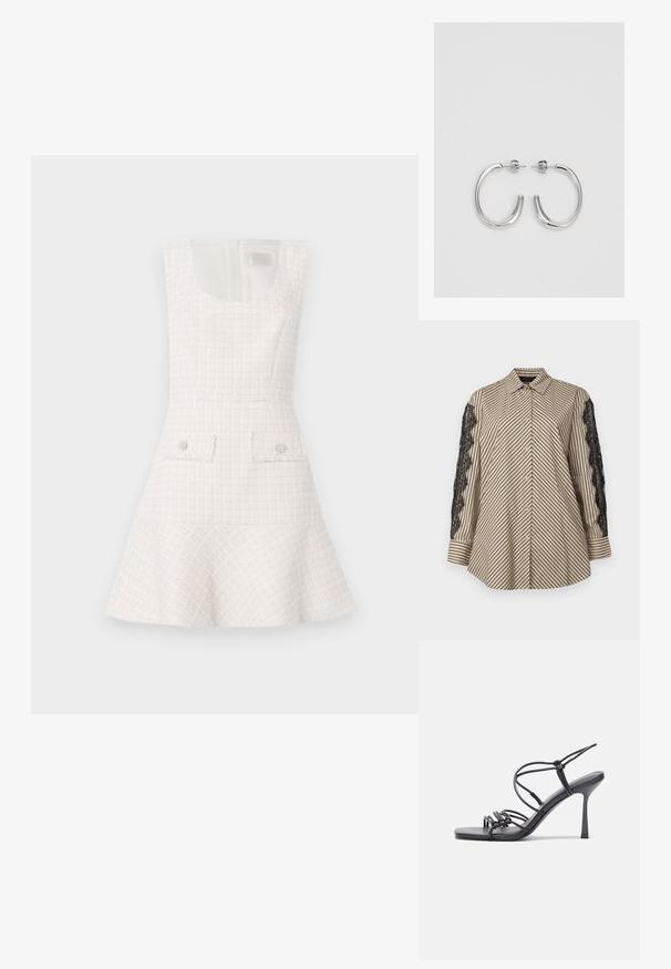 Košeľa s golierom so vertikálnymi čiernymi a béžovými pruhmi. Obsahuje čierne čipkové detaily na oboch rukávoch. Zapínanie na gombíky, voľný strih.; Biele tweedové šaty s rozšírenou sukňou, s výstrihom do lodičky a dvoma prednými vreckami zdobenými guľatými gombíkmi. Textúrovaný, štruktúrovaný dizajn.; Čierne sandále na vysokom podpätku majú tenké remienky s uzlovým dizajnom, hladký štvorcový špičku a elegantný stiletto podpätok.; Svetlošedá metalická kabelka s reťazovým popruhom, ozdobená malými kruhovými kovovými štítkami a trojuholníkovým logom značky.; Strieborné kruhové náušnice s hladkým a lesklým povrchom. Okrúhly tvar, ľahký dizajn, s uzáverom na kolík.