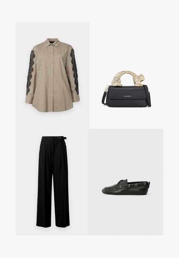 Košilové tričko s vertikálními černými a béžovými pruhy. Obsahuje černé krajkové detaily na obou rukávech. Zapínání na knoflíky vepředu, uvolněný střih.; Černé široké kalhoty s vysokým pasem, záhyby vpředu a páskem s přezkou. Vyrobené z hladké, lehké tkaniny.; Černé kožené lodní boty s kulatou špičkou, šněrováním vpředu, kovovými očky a plochou podrážkou. Mají malou poutku vzadu.; Černá kožená kabelka se zlatým držadlem ve tvaru kočky, s předním klopovým uzávěrem, nastavitelným popruhem a detailem loga na dolní přední straně.