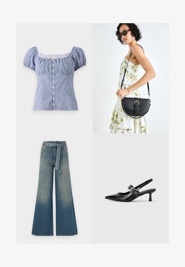 Hollister Co. SLIM PRETTY BUTTON THRU - Bluse - pastry; Bredbens-denimbukser med en lys til mørk blå gradient, høj talje, bælteløkker og et matchende stofbælte. Tekstureret denimfinish.; Sorte laker slingback hæle med spids tå og en lille blokhæl, med en sølvspændeaccent på remmen.; Sort læderhåndtaske med en buet form, aftagelig rem og guldfinish. Tasken har en klap med en spænde detalje.