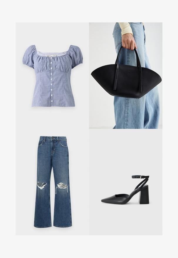 Hollister Co. SLIM PRETTY BUTTON THRU - Blūze - pastry; Denim platās kājas bikses vidēji zilā krāsā, ar nolietotiem ceļgaliem, neapstrādātiem apakšmalu galiem un klasisku piecu kabatu dizainu ar metāla pogu aizdari.; Melna ādas augstpapēžu kurpe ar norakstīto purngala formu, potītes siksniņu un masīlu papēdi. Gluda tekstūra, elegants dizains un minimālisma estētika.; Melnas ādas rokassoma ar unikālu ventilatora formu, aprīkota ar plakaniem rokturiem. Virsma ir ar graudainu faktūru un minimālistisku dizainu.