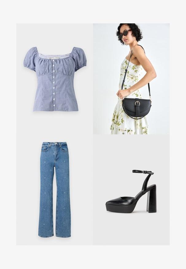 Hollister Co. SLIM PRETTY BUTTON THRU - Blúz - pastry; Kék, magas derekú, egyenes szabású farmernadrág, apró fehér virágmintákkal díszítve a szöveten.; Fekete platform magassarkú cipők hegyes orral és állítható bokapánttal. Sima bőrből készült, vastag talppal.; Fekete bőrtáska ívelt formával, levehető pánttal és arany színű fémrészekkel. A táskán egy csattal díszített fedél található.