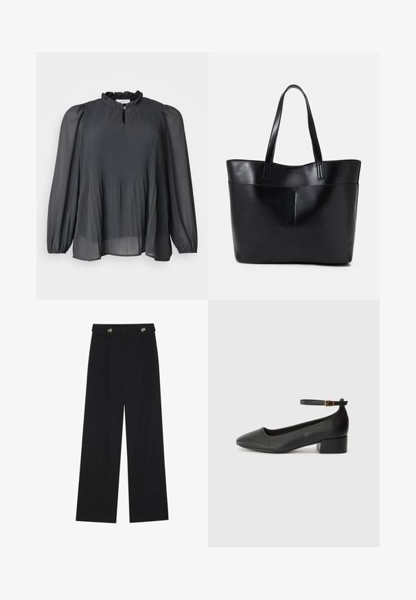 ONLY Carmakoma CARPIONA BLOUSE - Túnica - magnet; Calças largas pretas com cintura alta, detalhes em botão na cintura e pregas frontais.; Sandal de pele preta com bico pontiagudo e um salto bloco baixo. Apresenta uma tira no tornozelo com uma fivela em tom dourado. Textura suave.; Bolsa tote preta em couro com duas alças longas, textura suave e forma estruturada. Apresenta um bolso frontal para armazenamento adicional.