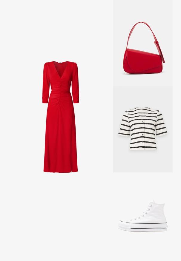 Cardigan de manga corta y botones en punto texturizado con rayas horizontales en blanco y negro. Cuenta con cinco botones oscuros en la parte delantera.; Vestido rojo con escote en V, mangas tres cuartos y detalles fruncidos en la cintura y la espalda. La tela parece suave y ligera.; Zapatilla de lona alta blanca con suela de goma negra, puntera de goma frontal y seis ojetes para los cordones, que presenta un diseño limpio y minimalista.; Bolso de cuero rojo con un diseño angular y geométrico. Cuenta con una única correa ajustable y un cierre de solapa con detalles de costura.