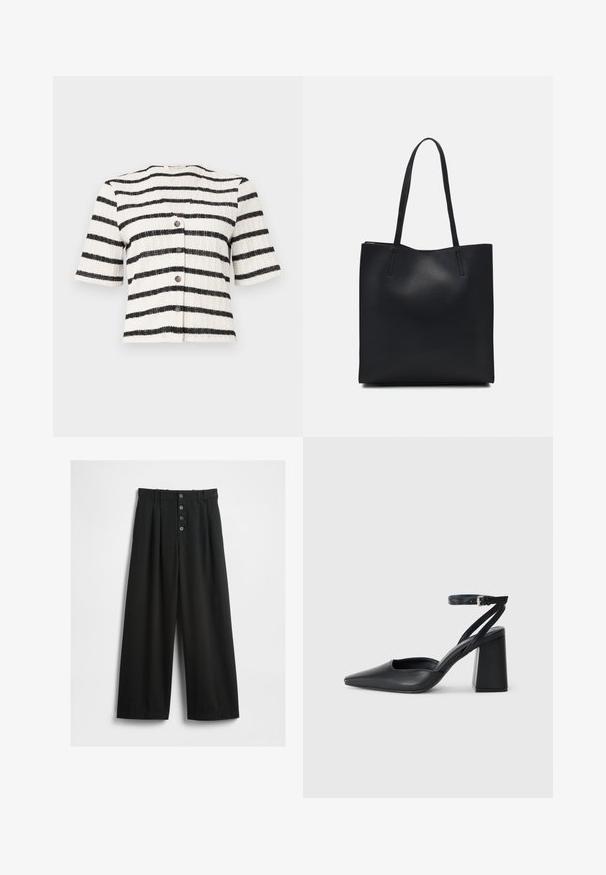 Cardigan cu mânecă scurtă, cu nasturi, din tricot texturat cu dungi orizontale în alb și negru. Prezintă cinci nasturi întunecați pe partea din față.; Pantaloni negri cu picioare largi, confecționați dintr-un material texturat. Au talie înaltă, închidere frontală cu cinci nasturi și pliseuri presate pentru detalii suplimentare.; Pantofii cu toc ascuțit din piele neagră, cu breteaua pentru glezne și toc gros. Textură netedă, design elegant și estetică minimală.; Geantă tote neagră din piele, cu textură netedă, formă rectangulară și două mânere lungi. Fără hardware vizibil sau ornamente.