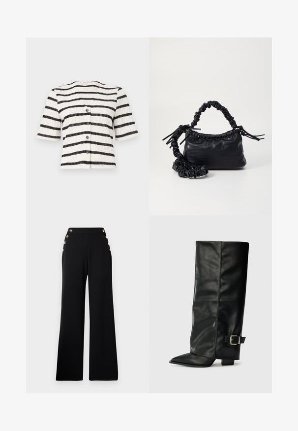 Kortærmet, knappet kardigan i et struktureret strik med sorte og hvide vandrette striber. Har fem mørke knapper foran.; Sorte højtaljede bukser med brede ben og guldknapper foran samt lommer på begge hofter, på en hvid baggrund.; Sorte læder ankelstøvler i ankellængde med spids tå, glat tekstur og en sølvspændeaccents på siden. Kraftig firkantet hæl.; Sort kunstlæder håndtaske med krokodilteksur, indsnøret top og en sammenkrøben rem. Ser blød og kompakt ud i designet.