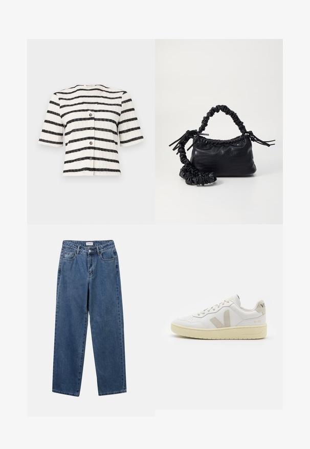 Short-sleeve, button-up cardigan in a textured knit with black and white horizontal stripes. Features five dark buttons down the front.; Classic blue denim jeans with a straight-leg design, five pockets, and a button closure. Features a medium wash and sturdy texture.; White leather sneaker with beige suede accents, perforated toe box, flat laces, and a textured cream sole. Features subtle branding on heel.; Black faux leather handbag with a crocodile texture, cinched top, and a scrunched strap. Appears soft and compact in design.