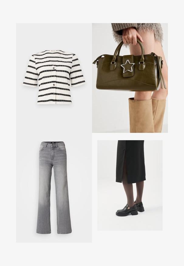 Cardigan a maniche corte, con bottoni, in un knit a trama testurizzata con righe orizzontali bianche e nere. Presenta cinque bottoni scuri sul davanti.; Jeans in denim grigiop con vita alta e gamba dritta, con bottone e cerniera frontali, tasche anteriori e posteriori, e sfumature sbiadite su cosce e polpacci.; Scarpe in pelle nera con punta arrotondata, tacco spesso a blocco e accenti laterali in elastico, abbinate a collant scuri e una gonna nera con uno spacco.; Borsa a mano in similpelle verde oliva con accentatura a stella argentata, manici doppi e chiusura con zip. Superficie testurizzata e forma strutturata.