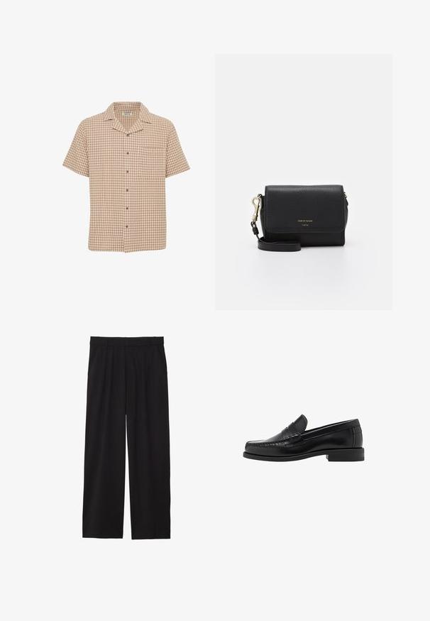 Camicia a maniche corte con bottoni, fantasia a quadri marrone e crema, taschino sul petto, tessuto morbido e collo aperto.; Pantaloni neri a gamba larga con frontale plissettato, tasche laterali e una texture di tessuto liscia. Progettati per un fit comodo.; Mocassini in pelle nera con una finitura liscia, dettagli cuciti sulla punta e un design a tacco basso per comfort e stile.; Borsa a tracolla nera in pelle con finitura testurizzata, hardware dorato, chiusura a pattina e cinturino regolabile. Presenta un logo sul frontale.