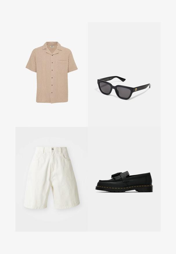 Cămașă cu mânecă scurtă, cu nasturi, cu un model în carouri maro și crem, cu un buzunar pe piept, dintr-un material moale și cu un design cu guler deschis.; Shorts din denim alb cu o croială lejeră, cu un brâu, cinci buzunare și picioare drepte. Materialul are o ușoară textură.; Mocasini negri din piele cu ciucuri, cusături galbene pe marginea tălpii și o talpă exterioară groasă, zimțată din cauciuc.; Ochelari de soare dreptunghiulari, negri, cu un finisaj lucios, lentile întunecate și detalii aurii pe tâmplă cu logo-ul.