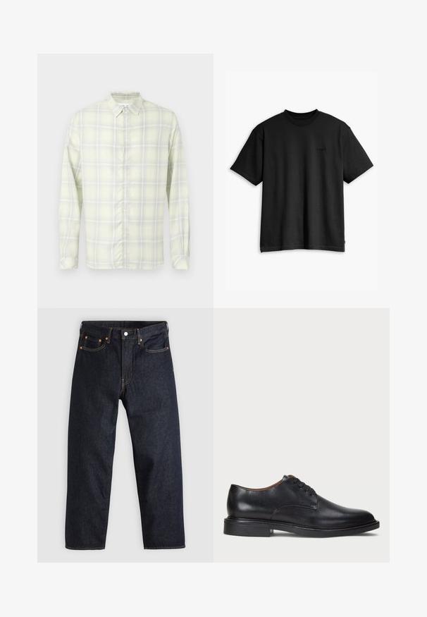 Svijetložuta karirana dugih rukava košulja s gumbima i ovratnikom, prikazana položena na bijeloj pozadini.; Crna pamučna majica s kratkim rukavima i okruglim izrezom. Ima suptilan logo na prednjoj strani i ravni rub. Jednostavan i minimalistički dizajn.; Tamno plave traperice ravnog kroja, s pet džepova, kontrastnim narančastim šavovima i dugmetom za zatvaranje. Nema vidljivih uzoraka ili ukrasa.; Crne kožne cipele s okruglim vrhom, vezanjem i niskim stogom. Glatka tekstura s minimalnim šavovima.