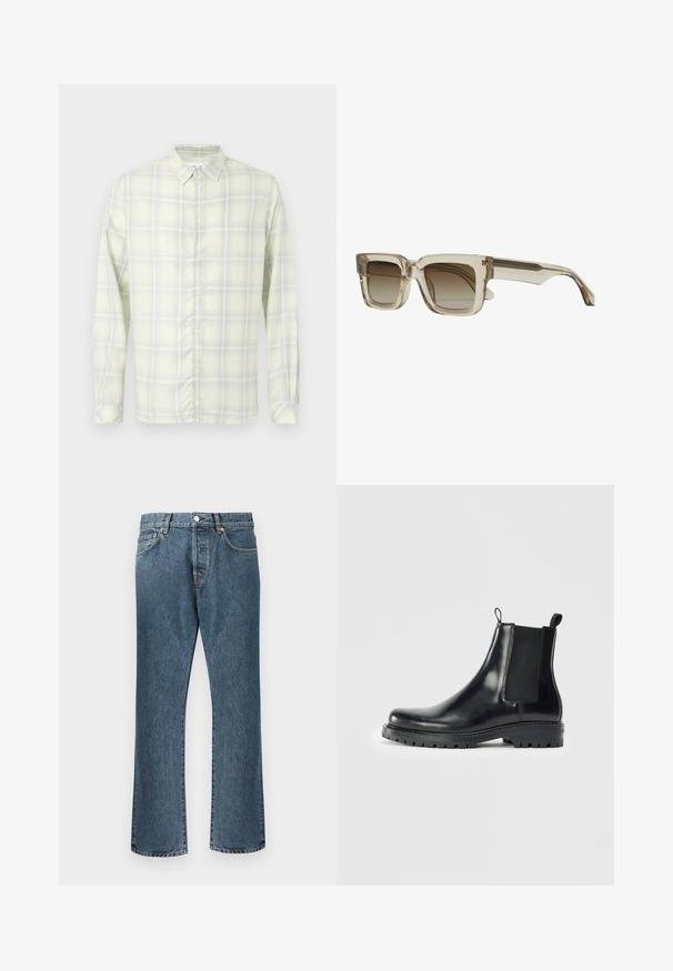 Camicia a maniche lunghe con bottoni e colletto, a quadri giallo chiaro, mostrata distesa su uno sfondo bianco.; Jeans in denim blu con design a gamba dritta, dotati di chiusura classica con bottone e zip, cinque tasche e una leggera scoloritura.; Stivali Chelsea in pelle nera con pannelli elastici laterali, una linguetta per una facile indossatura e una suola in gomma resistente con una presa texturizzata.; Occhiali da sole quadrati con montatura beige chiara e lenti marroni sfumate. Le stanghette sono eleganti e presentano un dettaglio di design sottile.