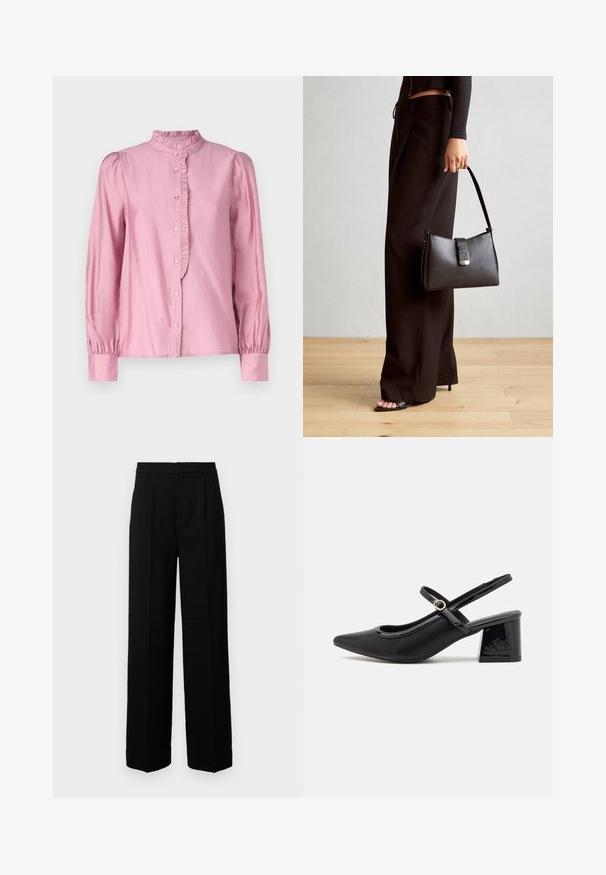 Rosa langermet bluse med høy volangkrage, knappelukking foran og samlede ermer, laget av glat stoff med en lett glans.; Svarte vide bukser med en glatt tekstur, med flat front, folder og en skreddersydd midje. Ingen synlig maskinvare eller mønster.; Sorte lakk lær slingback hæler med spiss tå, et avrundet utskjæringsdesign og blokkheel. Har en gulltone spenne som detalj.; Svart håndveske med strukturert form, jevn tekstur og metallisk lås. Kombinert med brede svarte bukser og sandaler med åpen tå på tregulv.