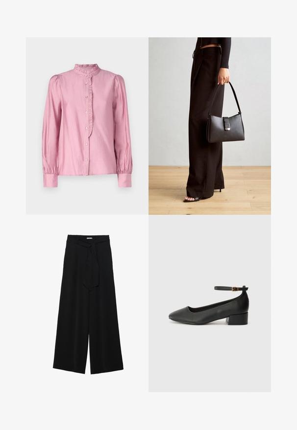 Vaaleanpunainen pitkähihainen paita, jossa on korkea röyhelökaulus, napitus edessä ja kootut hihat, valmistettu sileästä kankaasta, jossa on kevyt kiilto.; Mustat leveät housut, joissa on teksturoitu kangas, joustava vyötärö ja irrotettava nauha vyötäröllä säädettävää istuvuutta varten.; Mustat nahkakengät, joissa on terävä kärki ja matala lohkare korko. Varustettu nilkkahihnalla, jossa on kultasävyinen solki. Lisää sileä pinta.; Musta käsilaukku, jossa on rakenteellinen muoto, sileä pinta ja metallinen solki. Yhdistetty leveisiin mustiin housuihin ja avonaiheisiin sandaaleihin puulattialla.