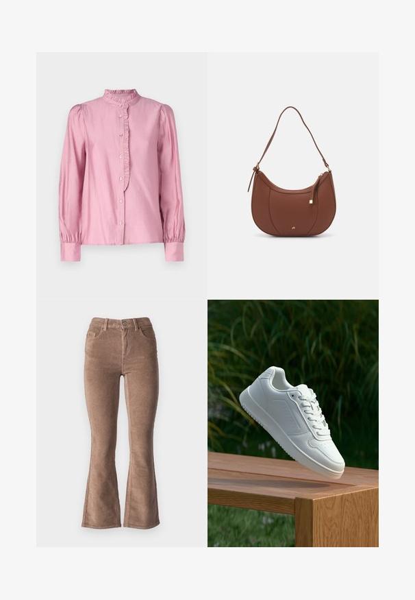 Rózsaszín, hosszú ujjú blúz magas, fodros gallérral, gombos elülső résszel és redőzött ujjal, sima anyagból, enyhe fényességgel.; Barna kordbársonyos harangszárú nadrág, bordás textúrával, magas derekú fazonban, öt zsebbel és elülső gombos záródással.; Fehér sportcipő sima szintetikus felsőrésszel, perforált lábujjrész, lapos fűzőkkel és texturált talppal, fából készült felületen kihelyezve.; Barna műbőr válltáska ívelt formával, minimális varrással és arany színű kiegészítőkkel. Jellemzője a felső cipzáras záródás és állítható pánt.