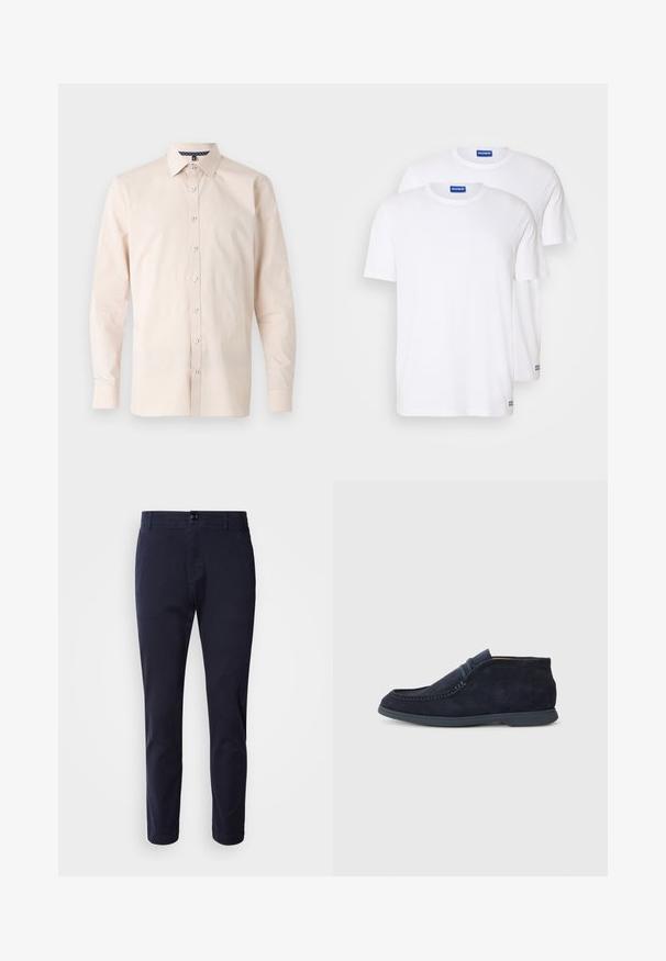 Camicia button-up beige chiaro, maniche lunghe, colletto classico, tessuto liscio, bottoni bianchi, dettaglio a motivo all'interno del colletto.; Due magliette bianche semplici in cotone, con maniche corte e colli rotondi, dotate di un'etichetta con logo blu vicino all'orlo.; BOSS SANDERSON - Pantaloni - dark blue; Stivaletto chukka in suede blu navy con punta arrotondata e dettagli cuciti. Presenta una suola in gomma liscia e un design minimalista senza marchi visibili.