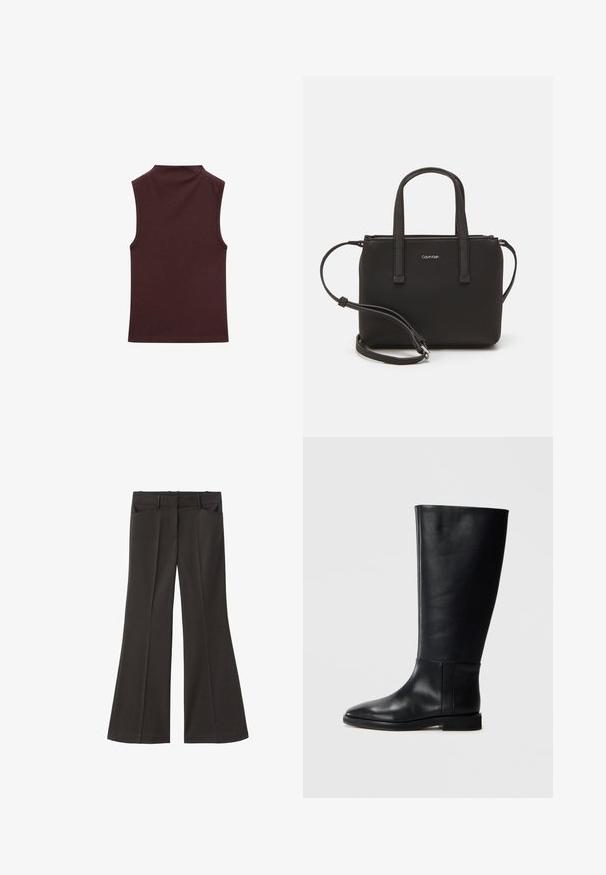 Mouwloze top in diep bordeauxrood, gemaakt van zacht, rekbaar materiaal. Beschikt over een hoge halslijn en een aansluitend ontwerp met schone, afgewerkte randen.; Zwarte flared broek met een hoge taille; beschikt over twee voorkeurszakken en een gladde stoftextuur. Geschikt voor verschillende gelegenheden.; Zwarte leren kniehoge laars met een ronde neus, een gladde textuur, een minimalistisch ontwerp en een platte zool. Eenvoudige stikdetails op de schacht.; Zwarte handtas met dubbele korte handvatten en een afneembare schouderriem. Glad, leerachtig materiaal met een ritssluiting en logo-detail.