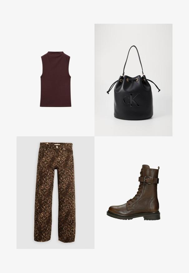 Bezramionowa bluzka z ciemnego burgundowego jerseyu, charakteryzująca się wysokim dekoltem i gładką teksturą. Design obejmuje starannie wykończone brzegi oraz brak dodatkowych ozdób.; Jeans w szerokich nogawkach w panterkę w brązowym i kremowym kolorze. Wykonane z denimu, z klasycznym pięciopocketowym fasonem i metalowymi detalami.; Brązowy skórzany botek za kostkę na sznurowanie z boczną klamrą, okrągłym noskiem, ruggedową podeszwą i detalami szycia, które dodają tekstury.; Czarna skórzana torba typu bucket z zaciąganym zamknięciem, z błyszczącym logo "CK" z przodu i złotymi akcentami.