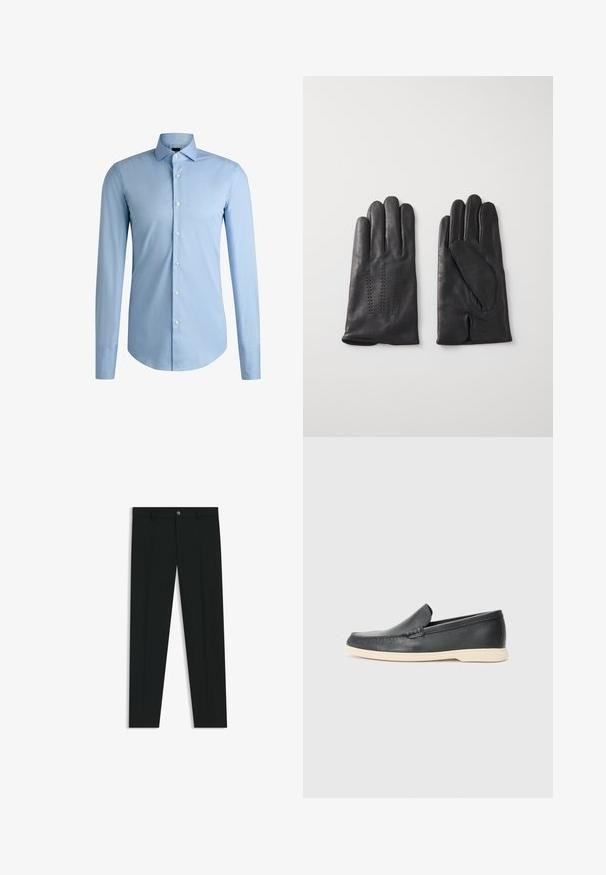 BOSS H-HANK-SPREAD-DC - Zakelijk overhemd - light blue; Zwarte dresspants met een recht pasvorm, gemaakt van een gladde stof. Heeft een sluiting met een knoop aan de voorkant en ceintuurlussen. Effen zonder patronen.; Zwarte leren instappers met een gestructureerde afwerking en een contrasterende beige rubberen zool. Beschikt over een subtiele accent langs de voorkant.; Zwarte leren handschoenen met vijf vingers, voorzien van decoratieve stiksels. De binnenkant heeft een zachte voering en een open wijsvingerdesign.
