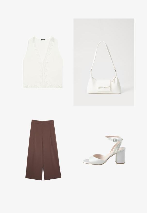 Bílá bezrukávová blůza s hlubokým V-výstřihem, se jemnými krajkovými detaily podél okrajů a hladkou, lehkou texturou látky.; Hnědé široké kalhoty s hladkou texturou, vysokým pasem a předními záhyby. Materiál je lehký a volně splývá.; Bílé sandály na vysokém podpatku s lesklým saténovým svrškem, širokým blokovým podpatkem a kotníkovým páskem s malou sponou. Hladký povrch, minimalistický design.; Bílá syntetická kabelka v trojúhelníkovém tvaru, s plochým předním klopným víkem a detailem mašle, nastavitelným popruhem, hladkým povrchem a minimalistickým designem.