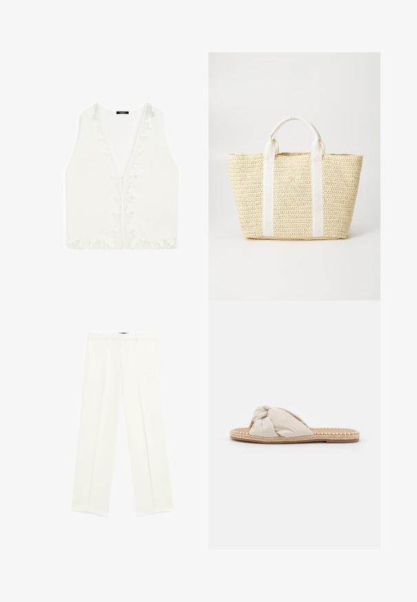 Biała bezrękawnikowa bluzka z głębokim dekoltem w literę V, z delikatnymi koronkowymi akcentami wzdłuż krawędzi oraz gładką, lekką teksturą materiału.; Białe spodnie szerokie o gładkim materiale, z dwiema przednimi kieszeniami i płaskim przodem. Czyste linie i brak widocznych wzorów.; Beżowe materiałowe klapki z wiązanym wzorem u góry oraz plecioną juteową podeszwą. Płaski, otwarty nos, z teksturowanym, plecionym brzegiem.; Torebka z plecionego słomkowego materiału w naturalnym beżu, z białymi materiałowymi uchwytami z wytłoczonymi akcentami, o ustrukturalizowanym kształcie i otwartym projekcie.