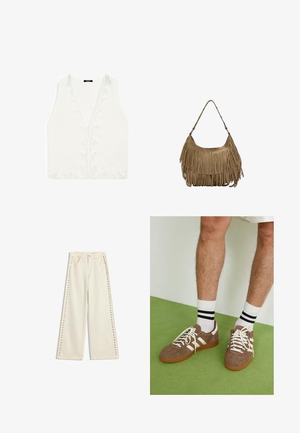 White sleeveless blouse with a deep V-neck, featuring delicate lace accents along the edges and a smooth, lightweight fabric texture.; Light cream wide-leg jeans featuring metal stud accents along the outer seams, five pockets, and a standard button fly closure.; Brown suede sneakers with white accents and laces. Rubber gum sole. Worn with white socks featuring black stripes. Green textured flooring.; Brown suede handbag with long fringe details, a curved shape, and a single shoulder strap. Features a smooth, textured surface.