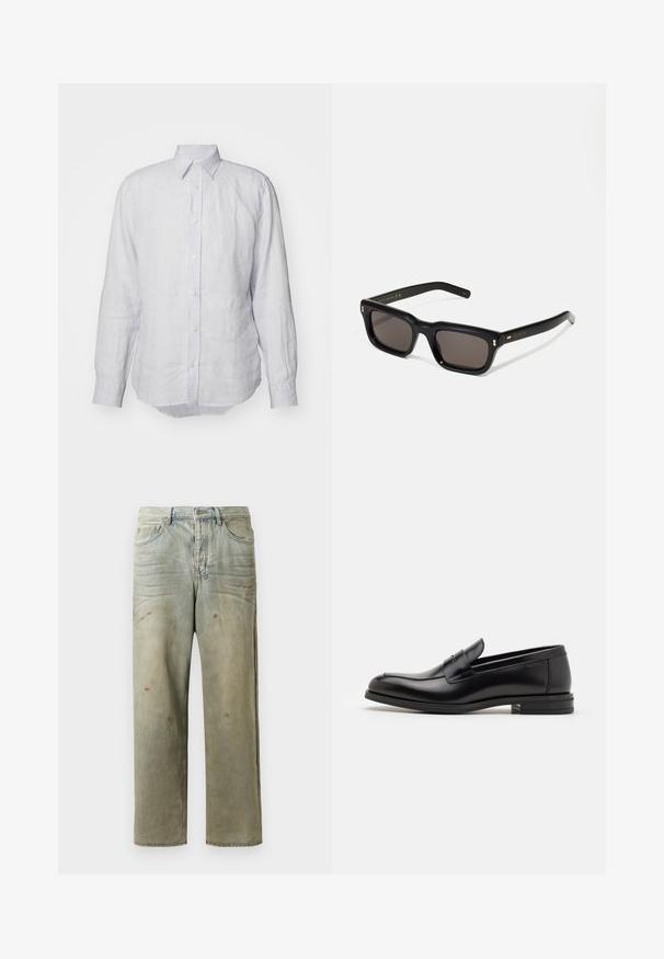 Ljusblå linneskjorta med krage, långa ärmar och rundad nederkant. Har framknäppning med knappar och en strukturerad tygkvalitet.; Svart kortärmad t-shirt i bomull. Har rund halsringning och en klassisk passform. Inga synliga mönster eller metallelement.; Slitna denimjeans i ljusgröna toner, med rak benprofil, femficksdesign och ojämn blekning med färgsplatter.; Svarta läderloafers med en slät yta, rund tå och ett dekorativt band över främre delen. Låg staplad klack, minimalistisk design.; Svarta rektangulära solglasögon med mörka linser, tjock plastbåge, guldfinish på skalmarna och varumärkeslogotyp graverad på armen.