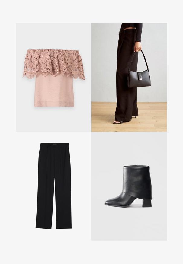 Top bez ramiączek w jasnoróżowym kolorze, z teksturowanym przodem oraz koronkowym nawiasem z misternymi wzorami liści i falbaniastymi brzegami.; Czarne spodnie o prostym kroju nogawek, z dwoma przednimi kieszeniami i paskiem w talii. Wykonane z gładkiego, lekkiego materiału.; Czarny skórzany botek za kostkę z ostrym noskiem, gładką fakturą i wyraźnie zdefiniowanym blokowym obcasem. Posiada wysoki, zwinięty mankiet.; Czarna torebka o usztywnionym kształcie, gładkiej fakturze i metalowym zapięciem. Połączona z szerokimi czarnymi spodniami i sandałami na otwartym palcu na drewnianej podłodze.