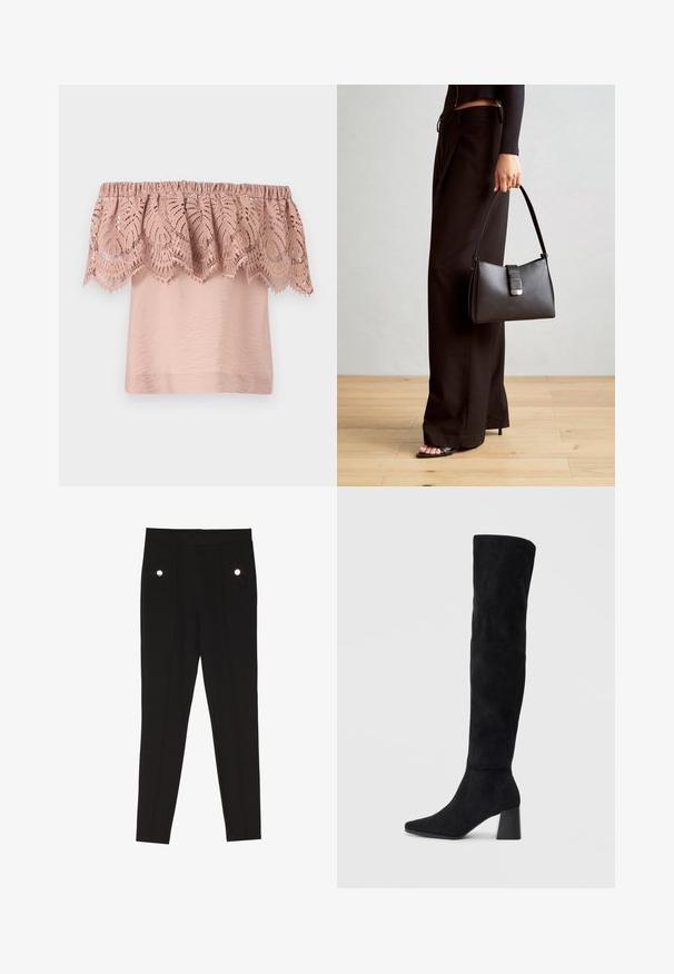 Off-the-shoulder -paita vaaleanpunaisena, jossa on teksturoitu vartalo ja pitsivuori, jossa on monimutkaisia lehtikuvioita ja aaltoilevat reunat.; Musta räätälöity housut, joissa on sileä pinta, kahdella etutaskulla, joissa on koristeelliset metalliosat, ja slim-fit-muotoilu.; Musta samettinen polvipitkä saapas, jossa on lohkarekorko, terävä nilkka ja sileä, saumatonta muotoilua tasaisella vaalealla taustalla.; Musta käsilaukku, jossa on rakenteellinen muoto, sileä pinta ja metallinen solki. Yhdistetty leveisiin mustiin housuihin ja avonaiheisiin sandaaleihin puulattialla.