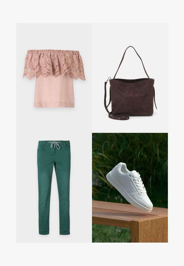 Šviesiai rožinė palaidinė be petnešų, su tekstūruotu korpusu ir nėriniu, puošiančiu sudėtingus lapų raštus ir banguotus kraštus.; Žalios medvilnės mišinio kelnės su tiesiu siluetu, su raišteliu reguliuojama liemeniu ir dviem priekinių kišenių. Lygi tekstūra ir be raštų.; Balti sneakeriai su lygia sintetine viršutine dalimi, perforuota pirštų zona, plokščiomis raištelėmis ir tekstūruotu padu, padėti ant medinės paviršiaus.; Ruda suede audinė su minkšta tekstūra, turinti vieną petį ir subtilų kreivinį viršutinį atidarymą. Matomų metalinių detalių nėra.