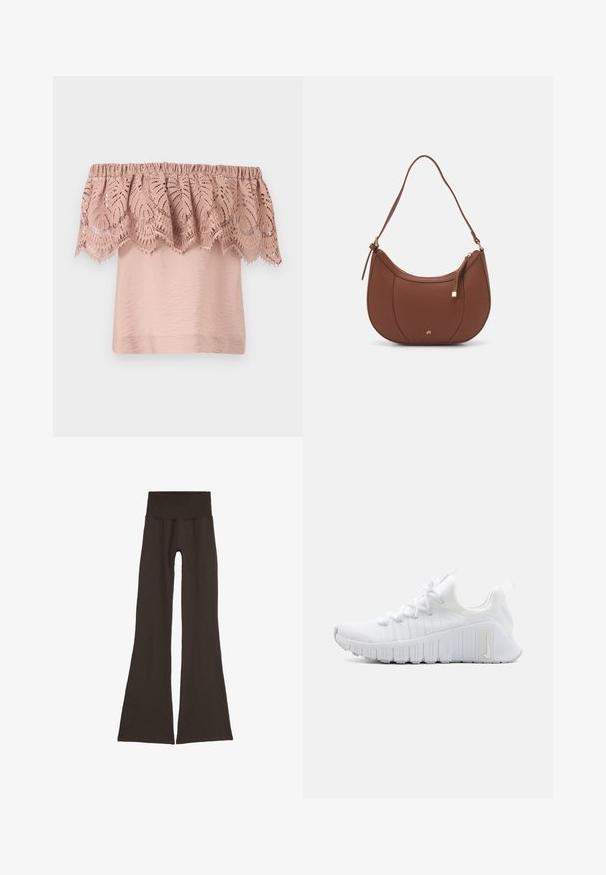 Kleita bez pleciem gaiši rozā krāsā ar teksturētu korpusu un mežģīņu pārklājumu, kurā ir sarežģīti lapu raksti un viļņotas malas.; Tumši brūni pieguļoši legingi ar platu, ribotu jostas daļu. Izgatavoti no mīksta, elastīga materiāla, ar bezšuvju dizainu un bez redzamām stiprinājuma daļām.; Balti sporta apavi ar teksturētu virsmu, plakanu šņorēšanu un izteiktu gumijas zoli ar vertikālām rieviņām. Uz sāniem ir redzams logotips.; Brūns mākslīgās ādas pleca soma ar izliekta forma, minimāls šuvums un zelta toņa aparatūras akcenti. Aprīkota ar augšējo rāvējslēdzēju un regulējamu siksnu.