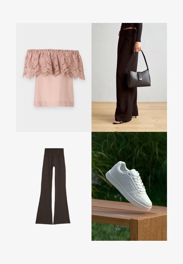 Schulterfreies Oberteil in zartem Pink mit strukturiertem Oberteil und einem Spitzenoverlay, das aufwendige Blattmuster und gewellte Kanten aufweist.; Dunkelbraune ausgestellte Leggings mit einem breiten, gerippten Taillenbund. Hergestellt aus weichem, dehnbarem Material, mit einem nahtlosen Design und ohne sichtbare Beschläge.; Weiße Sneaker mit einem glatten, synthetischen Obermaterial, perforierter Zehenbox, flachen Schnürsenkeln und einer strukturierten Sohle, präsentiert auf einer Holzoberfläche.; Schwarze Handtasche mit strukturierter Form, glatter Textur und einem metallischen Verschluss. Kombiniert mit weiten schwarzen Hosen und offenen Sandalen auf einem Holzboden.