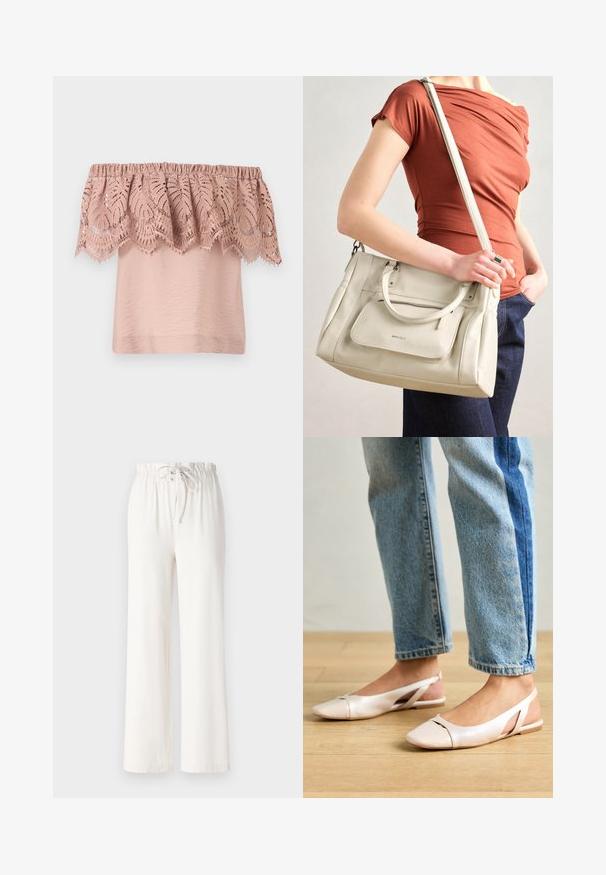 Haut décolleté en rose clair avec un corsage texturé et une superposition en dentelle présentant des motifs de feuilles intricats et des bords festonnés.; Pantalon large blanc en tissu doux, avec une taille à cordon de serrage et une texture lisse. Aucun motif ni embellissement visible.; Ballerines slingback rose pâle avec un bout pointu, fabriquées en un matériau semblable au cuir lisse. Présentent des découpes sur les côtés et un talon plat.; Sac à main en cuir blanc avec des poignées doubles et une bandoulière amovible, doté d'une poche zippée à l'avant et d'une texture lisse. Porté au bras d'une personne.