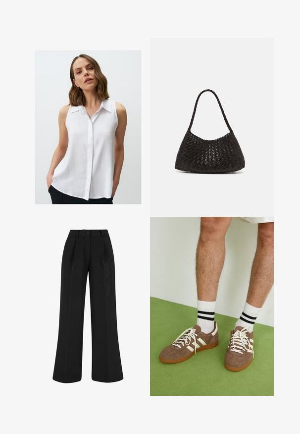 Blusa bianca senza maniche con abbottonatura frontale, dotata di colletto e vestibilità morbida. Il tessuto appare leggero con una consistenza morbida.; Pantaloni neri a gamba larga con pieghe frontali, realizzati in tessuto liscio. Presentano una chiusura con bottone e un design su misura.; Sneaker in suede marrone con dettagli e lacci bianchi. Suola in gomma color gomma. Indossati con calzini bianchi con righe nere. Pavimento verde texturizzato.; DRAGON DIFFUSION ROSANNA - Borsa a mano - dark brown; Stradivarius SET - Bracciale - dark brown