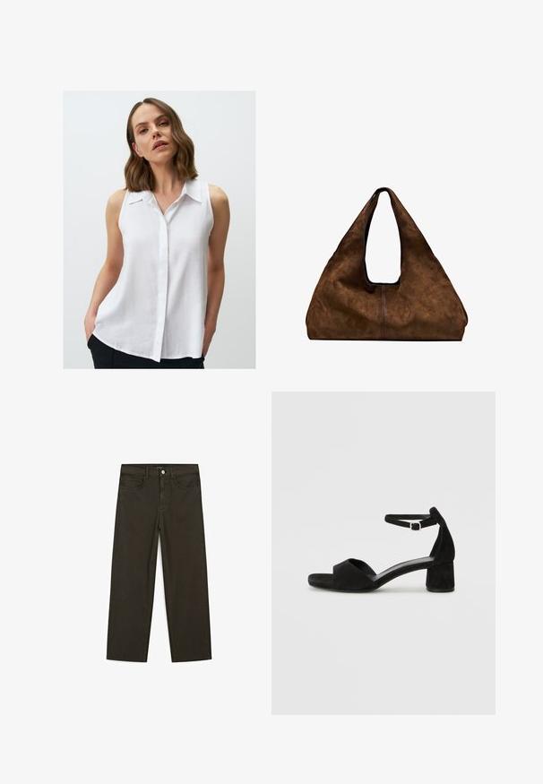 Weiße ärmellose Bluse mit Knopfleiste, ausgestattet mit einem Kragen und einer lockeren Passform. Der Stoff wirkt leicht und hat eine sanfte Textur.; Dunkelgrüne Jeans im weit geschnittenen Style, hergestellt aus einem Baumwollgemisch. Sie verfügen über einen Frontknopfverschluss, fünf Taschen und klassische Denim-Nähte.; Schwarze Wildleder-Espadrilles mit einem dünnen Knöchelriemen, offener Zehenpartie und moderatem Blockabsatz. Glatte Textur und minimale Akzente.; Braune Wildleder-Schultertasche mit offenem Oberteil. Sie verfügt über einen tiefen, breiten Körper, einen ausgeschnittenen Griff und minimale Nähte für ein sauberes Design.