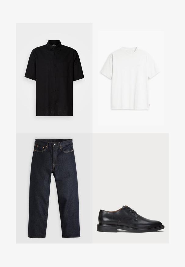 Černá košile s krátkým rukávem z lnu s předním zapínáním na knoflíky, jednou náprsní kapsou a klasickým límcem. Hladká textura.; Bílá bavlněná tričko s krátkými rukávy, klasickým výstřihem a decentním logem Levi's vytištěným uprostřed. Měkká textura a standardní střih.; Tmavomodré džíny z denimu se straight střihem, pěti kapsami, kontrastním oranžovým šitím a knoflíkovým zapínáním. Žádné viditelné vzory ani ozdoby.; Černé kožené společenské boty s kulatou špičkou, šněrováním a nízkým podpatkem. Hladký povrch s minimálním šitím.