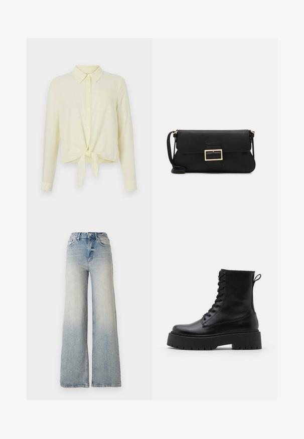 Svetložltá košeľa s dlhým rukávom, s golierom na gombíky, prednou vreckom a uzlovým lemom. Vyrobená z textúrovanej látky s jemnými prúžkami.; Svetlomodré džínsy s širokými nohavicami vyrobené z denimu, s vysokým pásom, piatimi vreckami a viditeľnými stehmi pozdĺž švov.; Čierne kožené členkové topánky s okrúhlou špičkou, šnurovaním vpredu a hrubou gumovou podrážkou s textúrovaným vzorom. Sťahovací pútko na zadnej strane.; Čierna kožená clutch taška s klopou a zlatým kovovým detailom s prackou. Obsahuje čierny remienok a elegantný, minimalistický dizajn.; Zlaté kruhové náušnice, tenké a okrúhleho tvaru, s hladkým kovovým povrchom a bez ozdôb alebo vzorov.