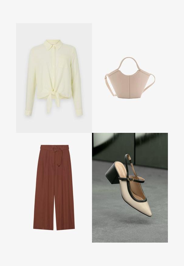 Svetlo rumena srajca z dolgimi rokavi, z gumbnim ovratnikom, sprednjim žepom in zavezanim robom. Narejena iz teksturirane tkanine z diskretnimi črtami.; Široke hlače iz rjavega blaga, ki vključujejo pas s kvadratno zaponko, nabran dizajn in gladko teksturo.; Bež visoka petka z odprtim zadnjim delom, koničastim sprednjim delom, črnim robom in zaponko. Gladek material z mat zaključkom, srednje debela petka.; Bežna usnjena torbica edinstvene oblike, z dvema kratkima ročajema in dolgim nastavljivim trakom. Gladka tekstura z minimalno kovinsko opremo.