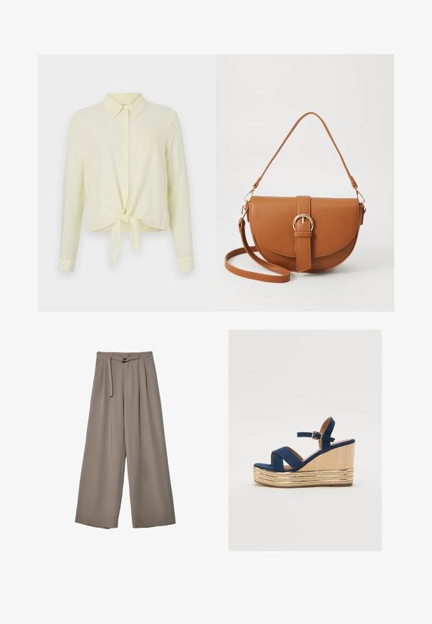 Helles gelbes Langarmhemd mit einem Knopfkragen, Brusttasche und geknotet am Saum. Hergestellt aus einem strukturierten Stoff mit feinen Streifen.; Weite Hose aus einem weichen, gedämpften grauen Stoff, mit einem taillierten Bund und Falten für zusätzliche Design-Details. Glatte Textur, keine Muster.; Marineblaue Keil-Sandale mit überkreuzten Riemen, einer strukturierten Plattform aus Naturfasern und einem goldenen Metallakzent an der Basis.; Braune Leder-Crossbody-Tasche mit geschwungener Form, goldfarbenen Beschlägen und einer Schnallenakzentuierung. Verfügt über einen abnehmbaren Schultergurt.