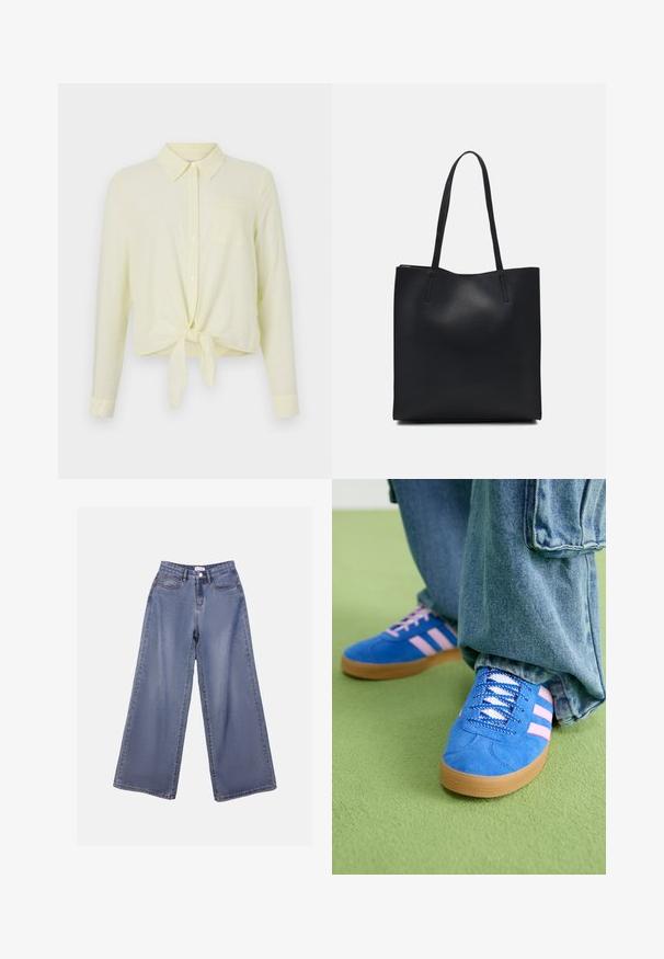 Svijetložuta košulja dugih rukava s ovratnikom na gumbe, prednjim džepom i čvorastim rubom. Izrađena od teksturiranog materijala s suptilnim prugama.; Široke traperice u svijetloplavom izbljeđenom tonu, s visokim strukom, prednjim džepovima i zakovicom s petljama za remen.; Plave zamšne cipele s ružičastim prugama i bijelim vezicama, s gumenim potplatom, u kombinaciji s širokim trapericama na zelenoj podlozi.; Crna kožna torba za nošenje s glatkom teksturom, pravokutnim oblikom i dvije duge ručke. Nema vidljivih metalnih dijelova ili ukrasa.