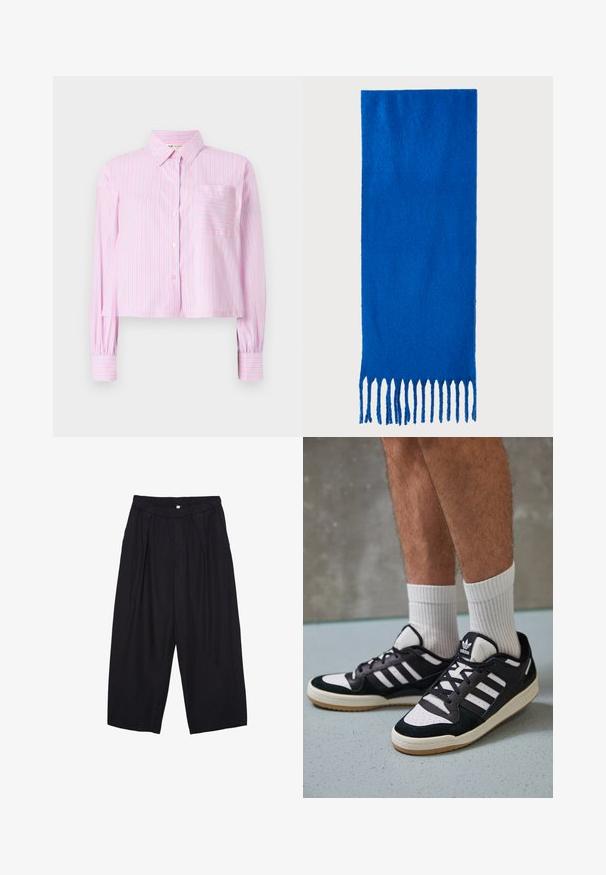 Krátka košeľa z ružovej látky s tenkými vertikálnymi prúžkami v modrej farbe. Má golier a jedno vrecko na hrudi, vyrobená z ľahkého materiálu.; Čierne polyesterové culotte nohavice s elastickým pásom, dvoma prednými záhybmi a voľným strihom. Žiadne viditeľné vzory ani detaily z kovu.; Čierno-biele tenisky s vrchom z semišu a kože, s troma bielymi pruhmi, perforovanou špičkou a gumovou podrážkou.; Modrý šál s franjami vyrobený z mäkkej tkaniny; má jednofarebný dizajn s textúrovaným povrchom a rovnomerne strihanými franjami na spodnej strane.