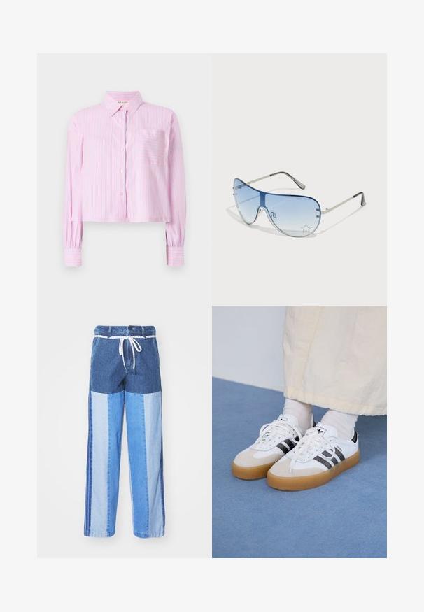 Lühendatud nööpidega särk roosas, kus on õhukesed sinised vertikaalsed triibud. Omab kraed ja ühte rinna taskut, valmistatud kergest kangast.; Sinised teksapüksid, millel on erinevatest sinistest toonidest kokku õmmeldud mustriga, paelavöö ja laiad, sirged sääred.; Valged tossud mustade triipudega ja beeži nahaga aktsentidega. Omavad tekstuuriga kummist talla ja lamedaid valgeid paelu, kantud heledate sokkidega.; Aviatori prillid, millel on gradient sinine objektiiv, hõbedane metallraam ja dekoratiivsed staaraktsendid objektiivil. Sujuv ja stiilne disain.