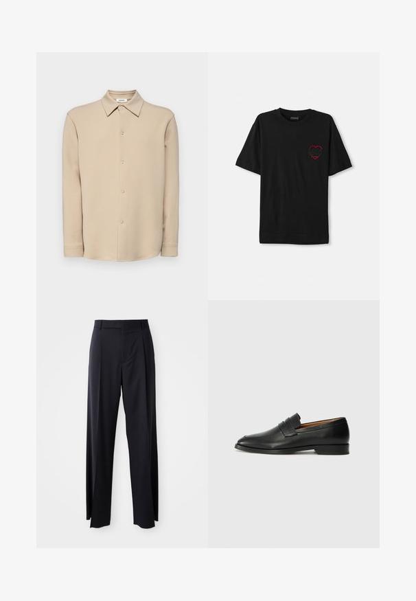 Camicia beige a maniche lunghe con colletto a punta e bottoni a pressione argentati, mostrata su uno sfondo bianco semplice.; T-shirt nera in cotone con maniche corte, caratterizzata da un design a cuore ricamato rosso sul lato sinistro del petto. Collo alla marinara classico, vestibilità comoda.; Pantaloni neri a vita alta con gamba larga, realizzati in tessuto liscio. Presentano pieghe frontali e passanti per cintura. Design minimalista, senza hardware visibile.; Mocassino in pelle nera con punta arrotondata, dettagli cuciti sottili e tacco basso, caratterizzato da una texture liscia e un design minimalista.