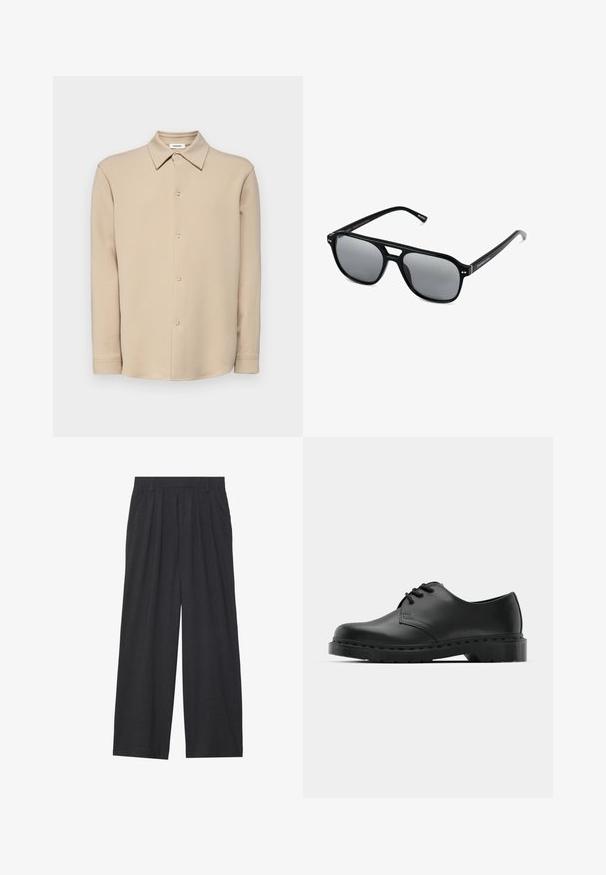 Beige Langarmhemd mit Knopfleiste, spitzem Kragen und silbernen Druckknöpfen, vor einem schlichten weißen Hintergrund präsentiert.; Weit geschnittene Hosen aus dunkelgrauem Stoff. Merkmale sind Falten an der Taille, ein maßgeschneiderter Schnitt und eine gerade Silhouette.; Schwarze Leder-Oxford-Schuhe mit Schnürdesign, runder Zehenform, flacher Gummisohle und subtilen Nähten entlang des oberen Teils.; Schwarze Sonnenbrille mit rechteckigen Rahmen, grauen getönten Gläsern und einer Aussparung im Nasensteg. Schlanker, glänzender Kunststoff, mit schmalen Bügeln.