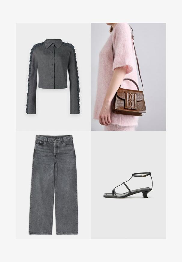 Krojena srajca z gumbom v temno sivi tkanini, ki ima teksturirane naborke ob rokavih in klasičen ovratnik.; Svetle hlače širokih nogavic v temno sivi denimu. Imajo visok pas, pet žepov in sprednji gumbasti zaklep. Gladka tekstura z občutnim zbledeljem.; Črne usnjene sandale s kvadratnim prstom, tankimi trakovi, nastavljivim trakom okoli gležnja in nizko peto. Imajo majhen zlat akcent na traku.; Rjava torbica s krokodiljo embosiranjem, z zgornjim ročajem in naramnicami. Ima izstopajoč logotip na sprednjem pokrovu. Mehka tekstura.
