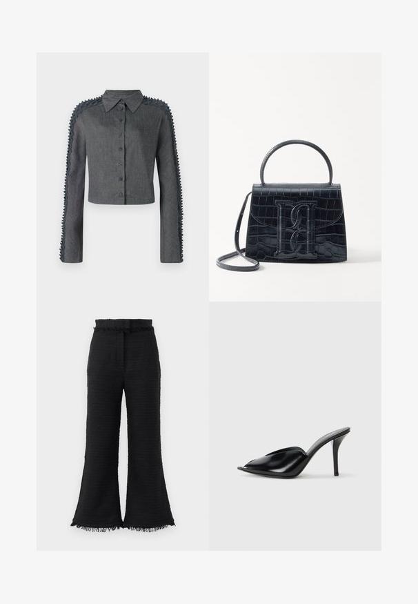 Kropēta pogāmās krekls tumši pelēkā audumā, ar teksturētām frillēm gar piedurknēm un klasisku apkakli.; Melni plaša piegriezuma bikses ar teksturētu audumu, saplēstu maliņu un elastīgu jostu. Dizainā ir gluda apdare un brīva piegriezuma forma.; Melnas ādas augstpapēžu mūlas ar atvērtu purngalu, vērptu dizainu, gludu tekstūru un šauru stilletu papēdi.; Melnas krokodila rakstā izgatavota ādas rokassoma ar strukturētu dizainu, augšējo rokturi, regulējamu siksnu un izteiktu priekšējo logotipa detaļu.