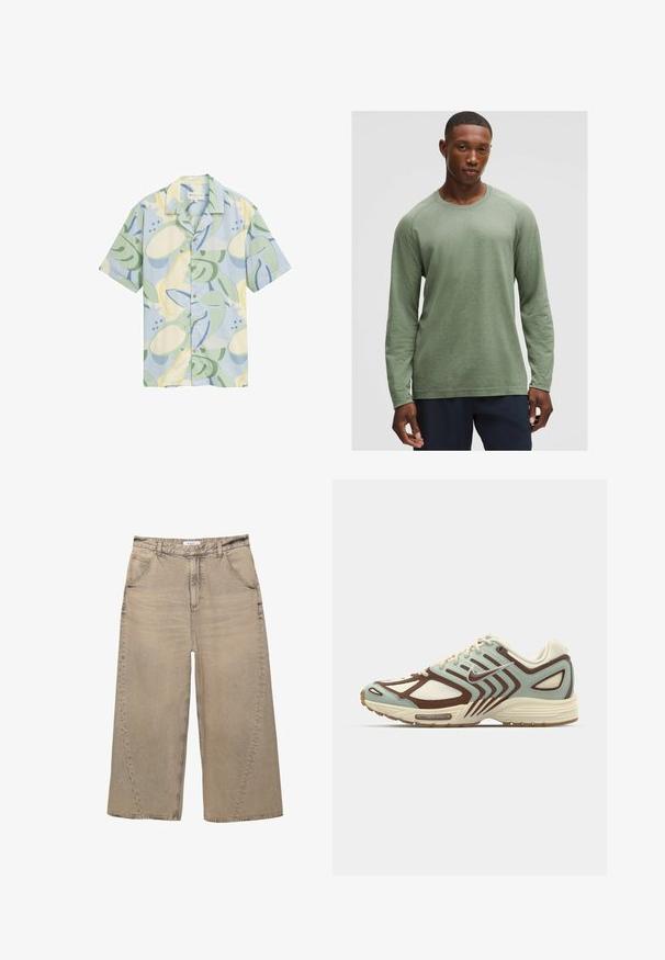 Korte mouwen shirt van lichtgewicht stof met een pastel kleurenpalet, abstracte bladerenpatronen en een knopenlijst aan de voorkant.; Langsleeve shirt in gedempt groen met een textuurpatroon, ronde halslijn en raglanmouwen, gemaakt van zachte, lichte stof.; PULL&BEAR MEGA BAGGY - Baggy jeans - light grey; Lichtblauwe en bruine sneaker met een gestructureerd mesh bovenwerk, gelaagd ontwerp, reflecterende accenten en een gevoerde crèmekleurige tussenzool.